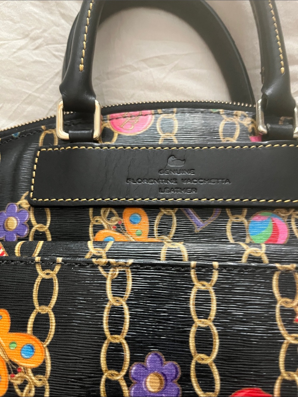 Dooney & Bourke Black Satchel with Colorful Charm Chain Print - Picture 3 of 7